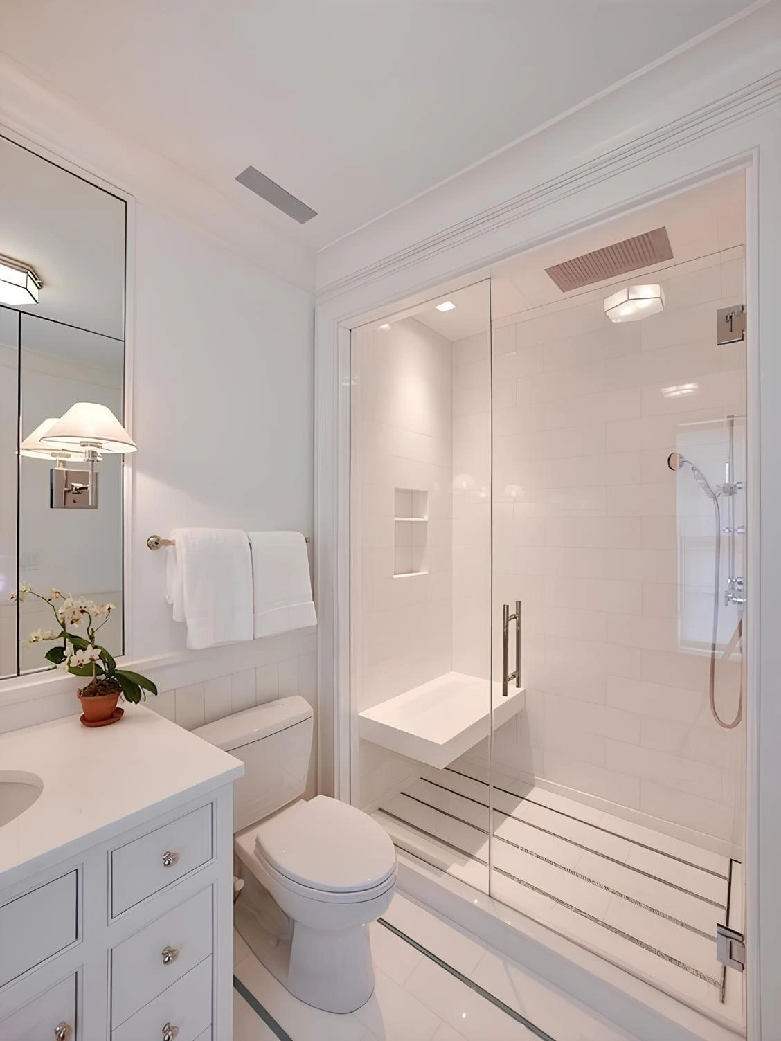A modern, white-tiled bathroom with a glass-enclosed shower, a white vanity with a sink, a toilet, and a wall-mounted light above the mirror. A small potted plant is on the vanity.