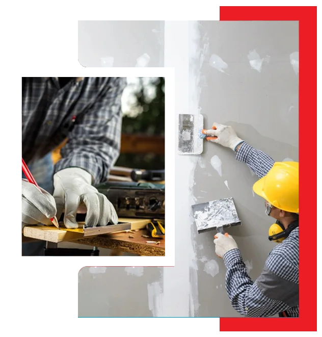 Two workers, one marking wood with a pencil while wearing gloves, and another applying plaster to a wall, also wearing gloves and a yellow helmet. house painters