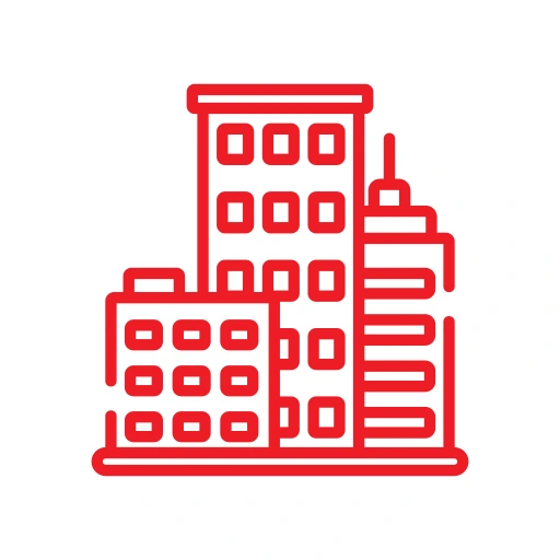 Red line drawing of three multi-story buildings of varying heights inside a white circle with a scalloped edge.