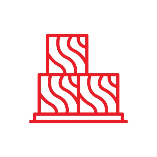 A red icon displaying three stacked rectangular blocks with wavy lines on a white circular background.