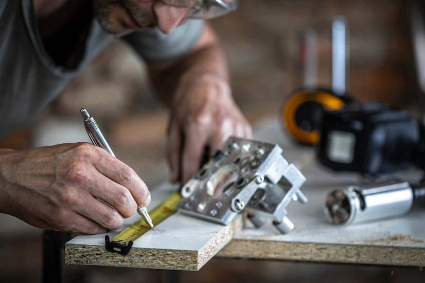 Person measuring a piece of wood with a yellow tape measure, marking it with a pencil. Other tools and hardware are on the workbench.