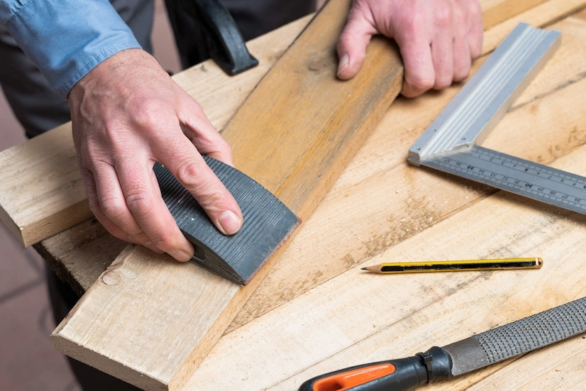 Person sanding a wooden board on a workbench with various tools, including a pencil, metal square ruler, and a file.