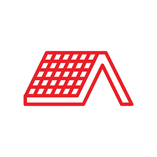 Red outline of a gabled roof with a grid pattern on a circular white background.