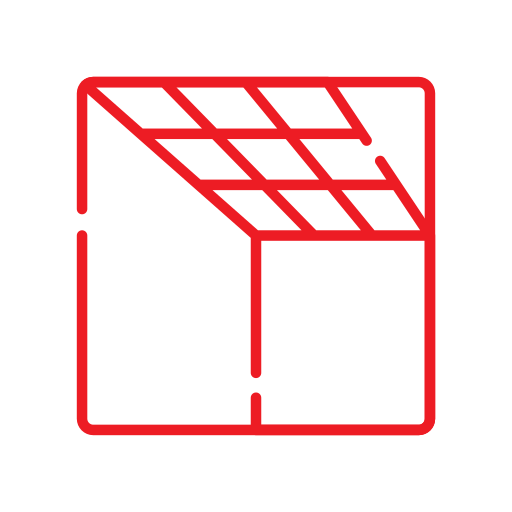 A red, geometric, line-art illustration of a cube with a triangular top inner section, set against a white circular background.