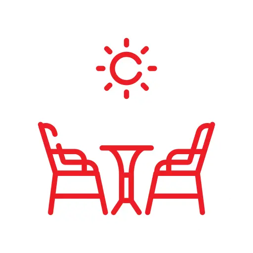 Red icon with two chairs and a table under the sun, suggesting an outdoor seating or patio area.