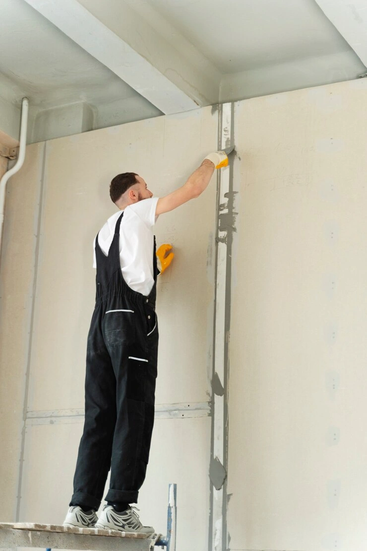 Person in overalls and yellow gloves applying plaster to an interior wall using a trowel.