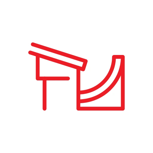 A red geometric design featuring an upward curve and two parallel lines, set within a white circular background.