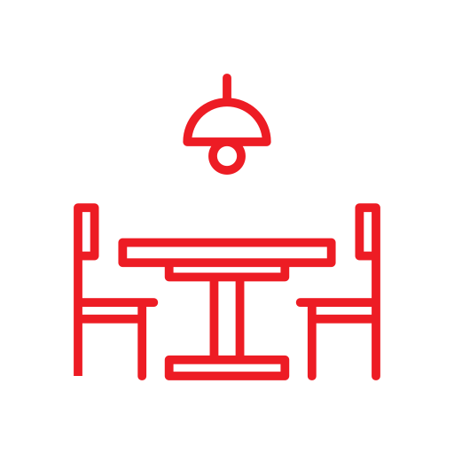 Red outline of a dining table with two chairs and a hanging lamp above, on a white circular background.