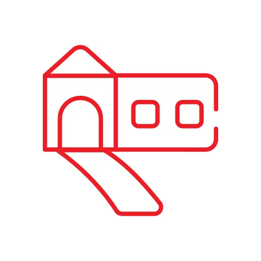 Red outline of a building icon on a white background. The building has two windows and an arched entrance with a pathway leading to it.