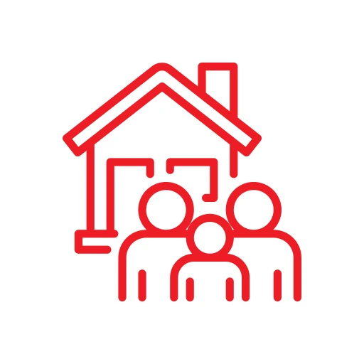 A red line drawing of a house with a chimney and three people standing in front of it, all enclosed in a white circle with a black border.