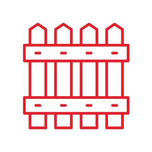 Red line icon of a wooden picket fence with six vertical planks and two horizontal beams on a white background.