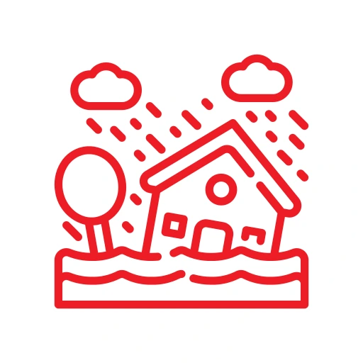 Icon of a house in floodwater with raindrops, clouds, and a tree.