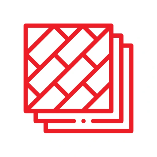 A red geometric icon depicting square tiles arranged diagonally with additional squares behind them, on a white background. exterior restoration
