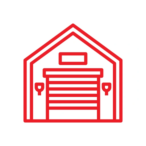 Red outlined icon of a garage with a closed door and two lights on either side, enclosed in a circular border.