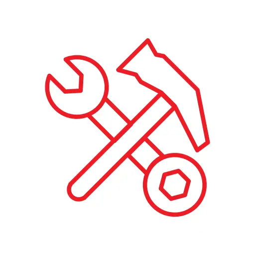 Red icon of a wrench and hammer crossed over a hexagonal nut on a white circular background.