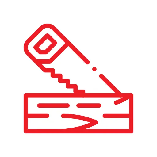 Red icon of a saw cutting through a piece of wood on a white background.