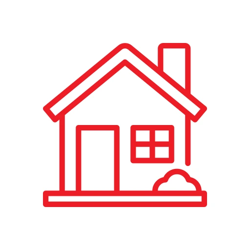 Red outline of a house with a window and a chimney inside a white circular background.