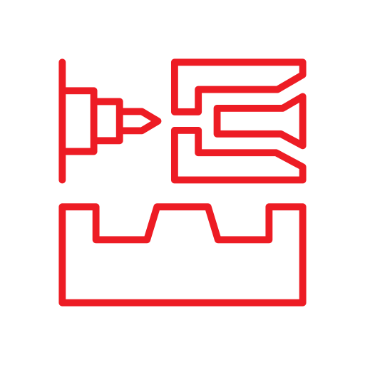A red outline icon depicting a CNC (Computer Numerical Control) machine on a white circular background.