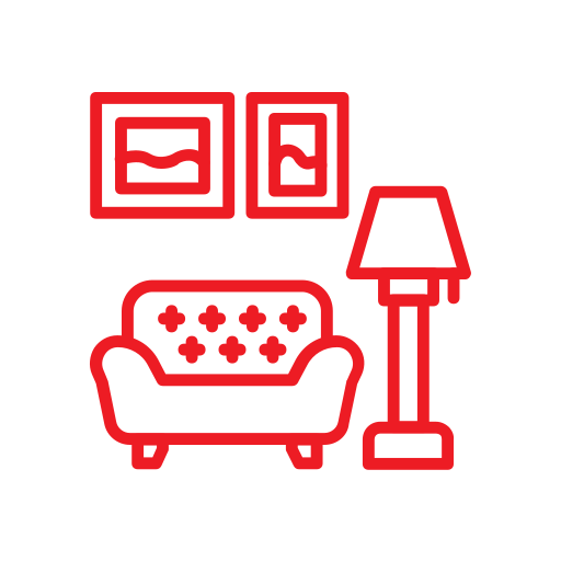 A red line drawing of a living room setup featuring a couch, two framed pictures on the wall, and a tall floor lamp, all enclosed in a white circular background.