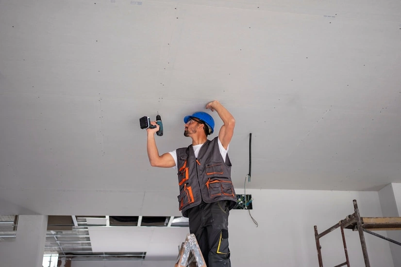 A worker wearing a blue helmet and a utility vest installs a ceiling panel while standing on a ladder, holding a power drill. Scaffolding and parts of the unfinished ceiling are visible.