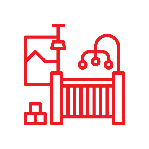 Icon depicting a baby crib with a mobile, a wall picture, and toy blocks in a simple red line art style.