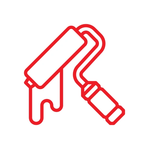Red paint roller icon on a black and white circular background.