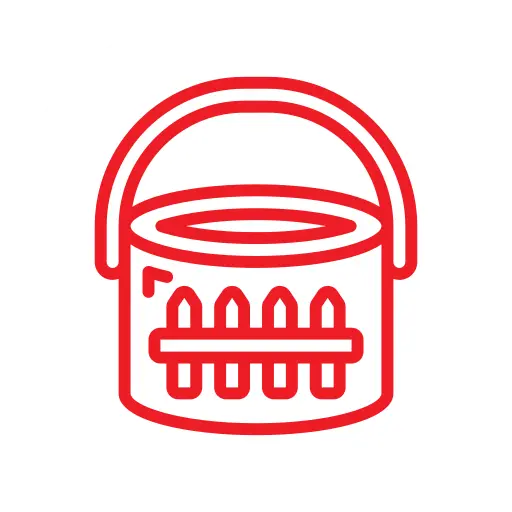 Red outline illustration of a paint bucket with a handle and brush strokes on the side, placed on a white background.