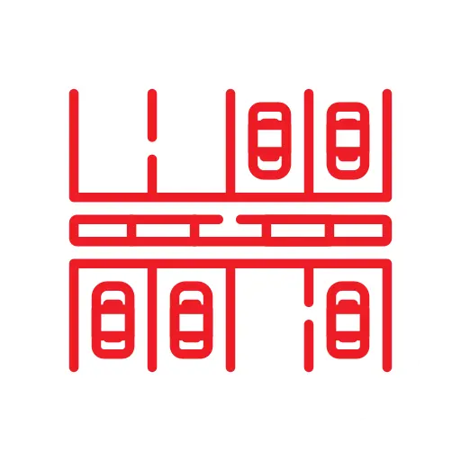 Icon showing a red geometric design on a white circular background.