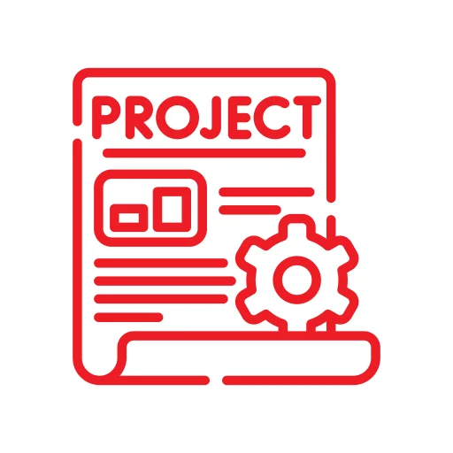 Red outline icon of a project document with a gear symbol, representing project management or planning.