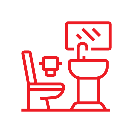 A red outline icon shows a bathroom with a toilet, toilet paper holder, sink, and mirror on a white circular background.