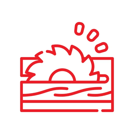 Red icon of a circular saw cutting through a piece of wood on a white background.