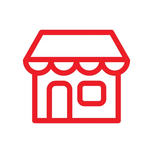 A red icon of a small storefront with an awning and a door, set against a white circular background.