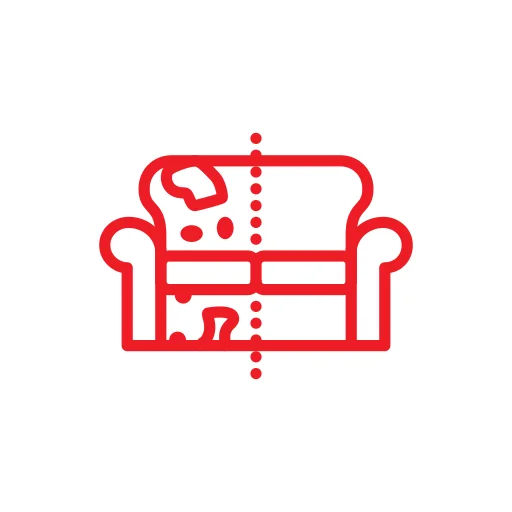 A red outline of a couch split vertically, with the left side depicting wear and tear, and the right side depicting a smooth and well-maintained surface.