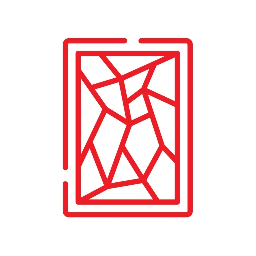 A red abstract geometric pattern enclosed in a rectangular frame on a white background.