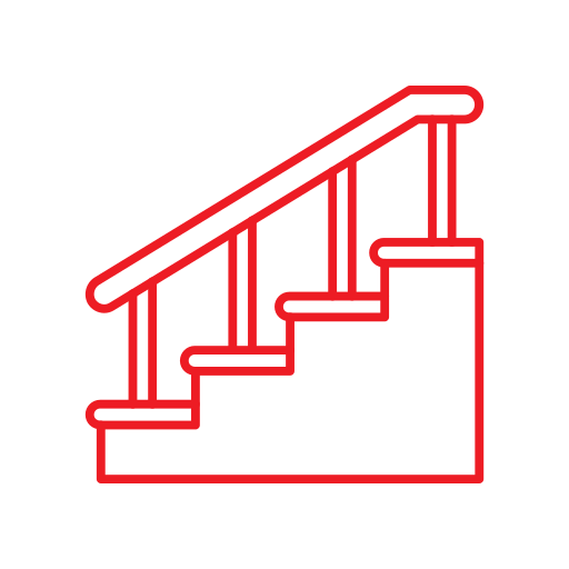 A red line drawing of a staircase with a handrail on a white circular background.