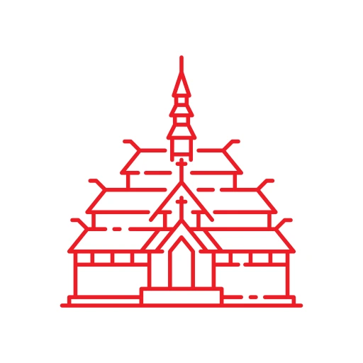 Red line drawing of a traditional multi-tiered wooden stave church on a white circular background.