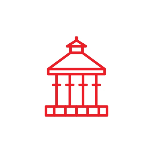 Red line drawing of a gazebo or pavilion with a pointed roof and open sides, on a white circular background.