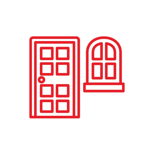 Red outline of a rectangular door and an arched window on a white circular background.