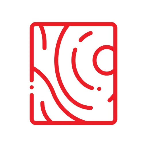 A red abstract line drawing on a white background, resembling swirling patterns and a circle in the upper right corner, enclosed in a rectangular border.