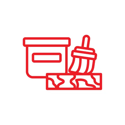 Icon of a paint bucket and brush marked by red lines with white paint strokes on a square surface, framed within a circular white background.