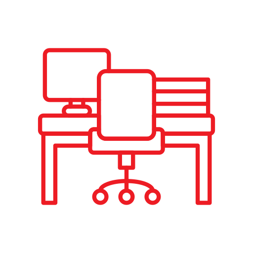 Red outline of a desk with a computer monitor, keyboard, and an office chair on a white circular background.